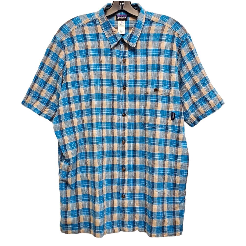 PATAGONIA Shirt Mens XXL Blue Tartan Plaid Casual Button Down Cotton Outdoor